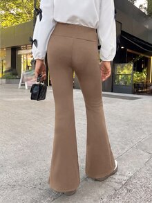 SHEIN 青少年女孩卡其色針織加厚喇叭腿緊身褲長褲 休閒百搭日常時尚街頭風 - 卡其色 - 查看 5