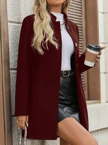 SHEIN Plus Size Casual Versatile Wool Blend Coat For Autumn/Winter - Burgundy - View 3