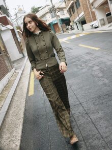 Nöista High Waist Plaid Wide Leg Pants With Patch Pockets. Fall Winter, Casual, Everyday, Back To School. - Army Green - View 2