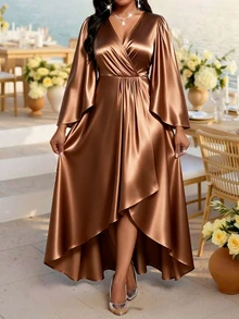 SHEIN Lady Plus Size Women's Solid Color V-Neck Pleated Casual Party Dress - Brown - View 4