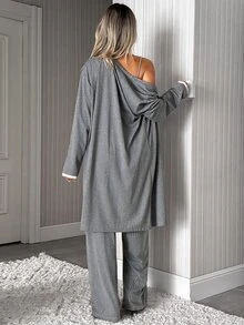 SHEIN Cottnline طقم ملابس منزلية 3 قطع من قميص كامي محبوك مضلع بلون سادة مع حافة دانتيل، روب مفتوح من الأمام وبنطال واسع الساق، ملابس نوم كاجوال ناعمة الملمس - رمادي - مشاهدة 2