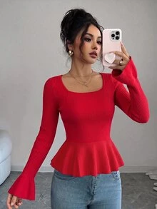 SHEIN Raffinéa Women's Solid Color Square Neck Long Sleeve Ruffle Hem Fashion Sweater Dinner Going Out Red Autumn Sexy - Red - View 6