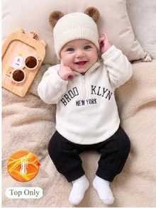 SHEIN Newborn Unisex Autumn Winter Sherpa Fleece Pull Cardigan: Brooklyn Letter Print Cream Half-Zip Winter Warm Teddy Outwear Jacket - Beige - View 1