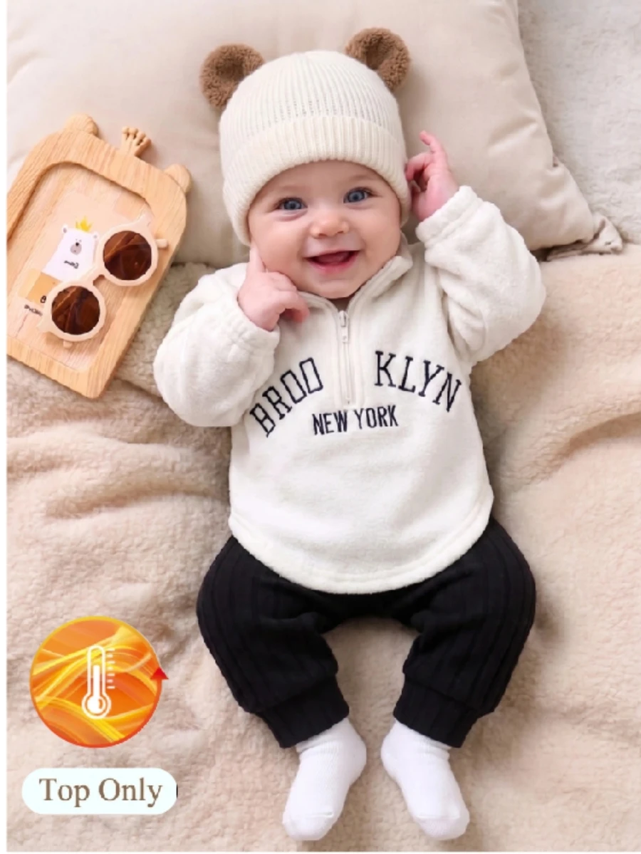 SHEIN Newborn Unisex Autumn Winter Sherpa Fleece Pull Cardigan: Brooklyn Letter Print Cream Half-Zip Winter Warm Teddy Outwear Jacket - Beige - View 1
