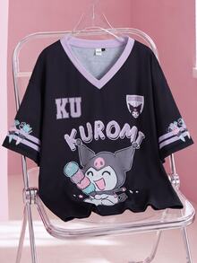 HELLO KITTY AND FRIENDS | SHEIN تي شيرت رجالي بطباعة كرتونية وحروف للارتداء اليومي الكاجوال - الأسود - مشاهدة 1