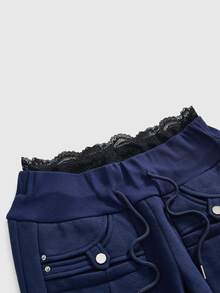 ROMWE Women's Wide Waist Flare Pants With Pockets, Metal Detail, Y2K Vintage Distressed Style - Navy Blue - View 3