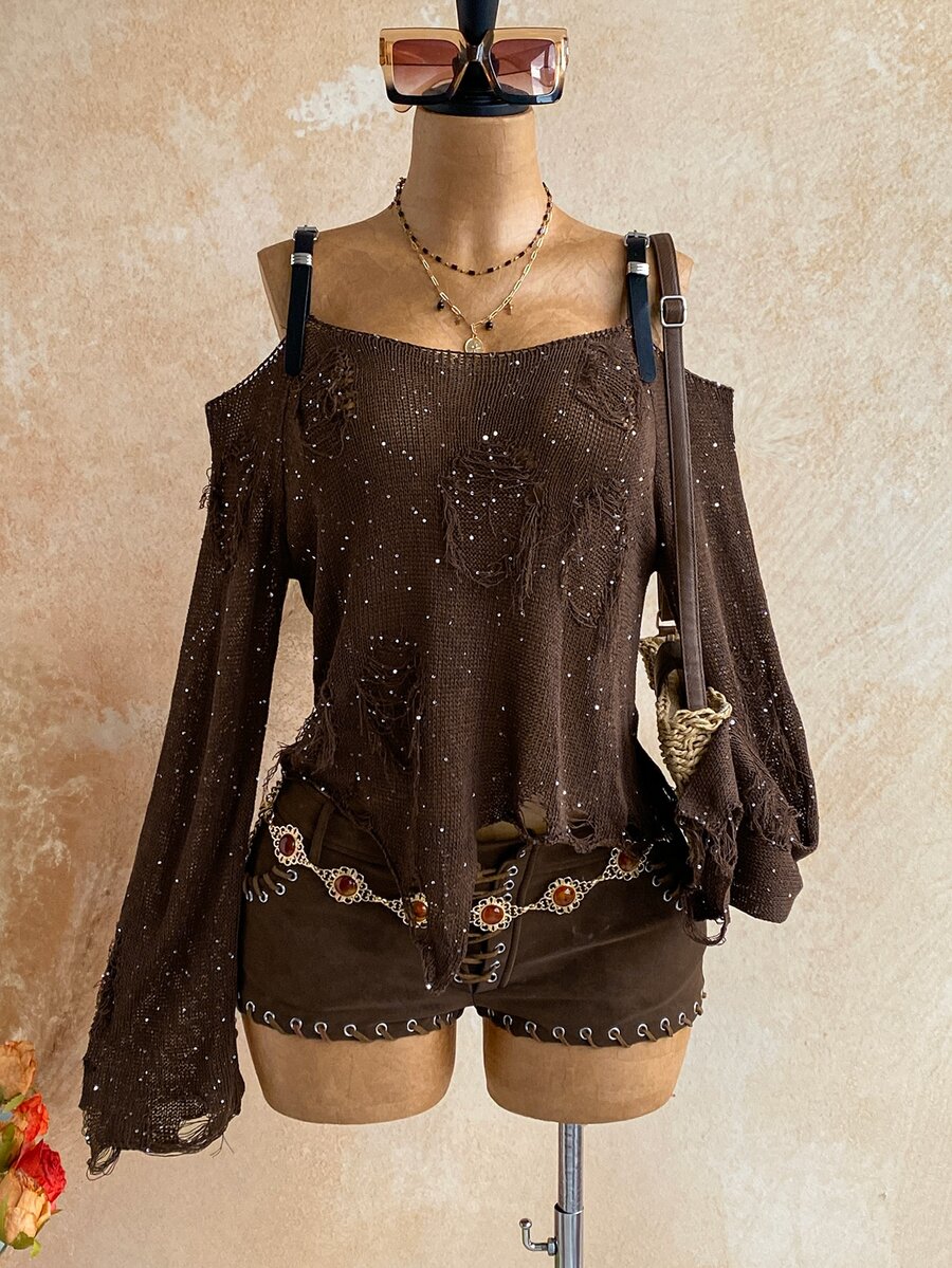 Soleia Women's Fashion Sequin Knit Distressed Y2K Decor Asymmetrical Knit Top - Brown - View 1