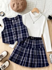 SHEIN 女童大童3件套：無袖鈕扣背心、高領寬螺紋長袖T恤、黑色百褶裙附腰帶 - 白色 - 查看 1