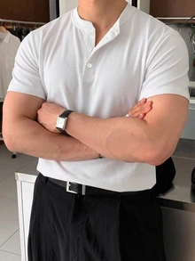 DAZY 男士短袖純色棕色圓領半開扣T恤 - 白色 - 查看 7