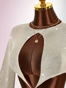 Amplova Women's Knit Jumpsuit Deep V-Neck Long Sleeve Vintage - Apricot - View 4