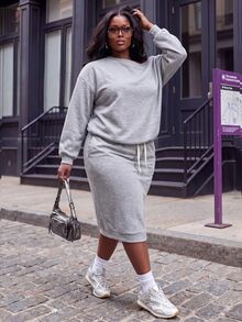 Slaydiva Autumn/Winter Plus Size Grey Asymmetrical Shoulder Loose Drop Shoulder Top And Skirt Set, 2 Pieces Sweatshirt Outfit Fall Formal Vacation Casual Sport - Grey - View 6