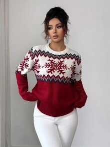 SHEIN Elenzya 秋冬新款優雅休閒紅色圓領長袖雪花提花女款時尚針織套頭毛衣，適合外出與節日穿著 - 紅色 - 查看 3