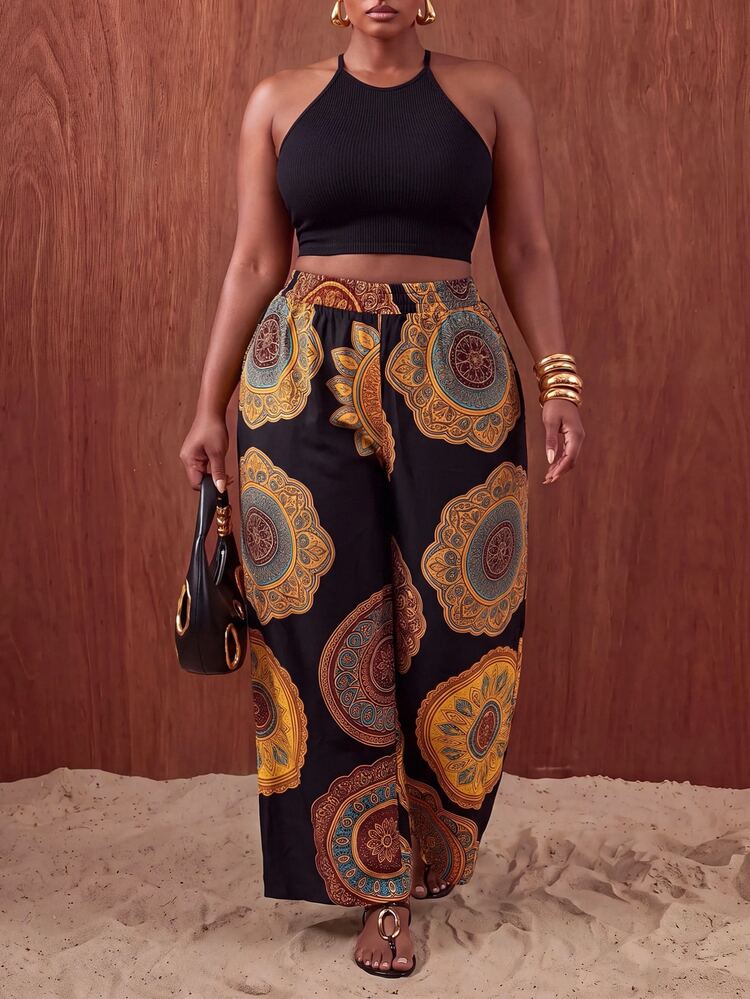 Slaydiva 2026 Spring/Summer Women's Plus Size New Arrival Anniversary Graduation Season All-Match Versatile Cruise Travel Casual Comfortable Multi-Occasion Summer Apparel Lightweight Casual Wear Fashion Plus Size Clothing Elegant Romantic Print Long Wide Leg Pants - Multicolor - View 4