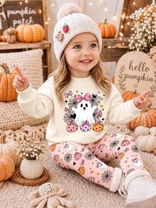 SHEIN 超可愛粉黑配色萬聖節南瓜小鬼波點圖案 Hey Bootiful Trick Or Treat 女嬰休閒柔軟圓領寬鬆衛衣＋內搭褲套裝，秋冬日常、萬聖節、甜美女孩風、南瓜季、BOO! - 彩色 - 查看 1