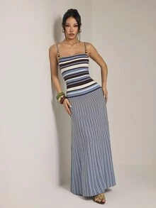 SHEIN PETITE Women's Striped Colorblock Casual Daily Summer Knit Cami Dress - Blue and White - View 6