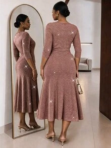 SHEIN Lady Plus Size Women's Elegant Fine Glitter Pleated Dress - Brown - View 2