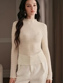Anewsta Áo blouse ren cổ cao bèo nhún sóng mềm, họa tiết kim cương 3D, dáng ôm, tay dài, màu trơn, lớp mặc trong đi làm - trắng - Xem 3