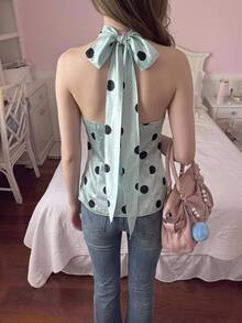 CovetEZ Women's Sweet French Polka Dot Print Halter Neck Tie Top - Mint Blue - View 9