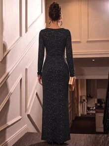 SHEIN Atmospheric Glitter Asymmetrical Neckline Mid-Length Dress, Metal Ring Decor Slim Fit Slit Evening Gown - Black - View 3