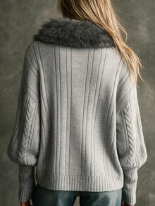 SHEIN Grey Plush Furry Collar Cable‑Knit Cropped Cardigan, Vintage Decorative Buttons Front V‑Neck Twisted - Grey - View 2