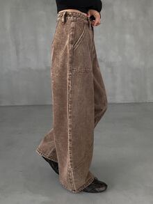 FRIFUL 女款寬鬆休閒百搭牛仔褲，附弧形口袋 - 棕色 - 查看 5