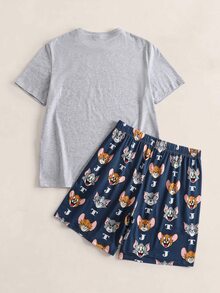 TOM & JERRY X SHEIN طقم ملابس منزلية للرجال بطبعة كرتونية، ملابس علوية بأكمام قصيرة وشورت - رمادي فاتح - مشاهدة 2