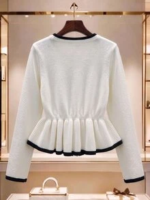 GlowEve CURVE Plus Size Button Striped Colorblock Ruffle Knit Cardigan - White - View 2