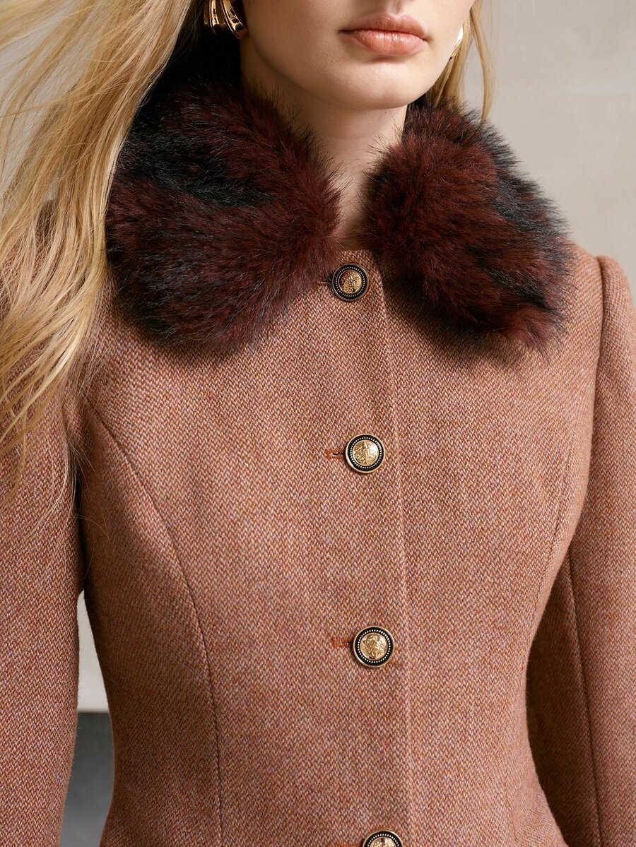 MOTF PREMIUM WOMEN'S AUTUMN/WINTER WOOL SINGLE-SIDED FELT & FAUX FUR PATCHWORK SHORT DRESS - Coffee Brown - View 2