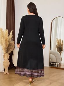 Lacomfia Minimalist Solid Color Patchwork Print V-Neck Long Sleeve Cinched Waist A-Line Regular Fit Spring Autumn Plus Size Dress - Black - View 2