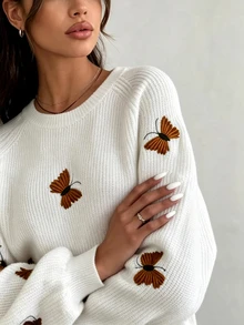 SHEIN Women's Knitted Pullover Top With Butterfly Embroidery - White - View 7