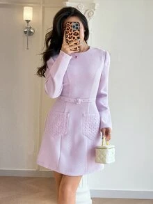 Modelyn Women's Round Neck Long Sleeve Pocket Design Elegant Short Dress - Purple - View 5