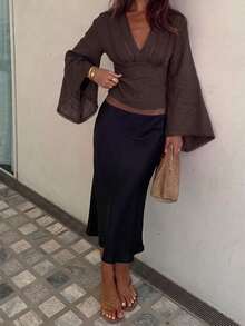 Siren Gaze Women's Solid Color Contrast Lace V-Neck Bell Sleeve Fashion Blouse - Apricot - View 5