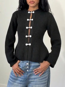 Elenzga Women's Elegant Vintage Minimalist Frog Button Long Sleeve Knit Cardigan - Black - View 3