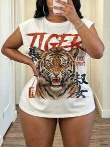 Slaydiva Vintage Loose T-Shirt, Tiger Print, Y2K Style, Suitable For Daily Commute, Dating And Party, All Season Plus Size T-Shirt - Multicolor - View 3