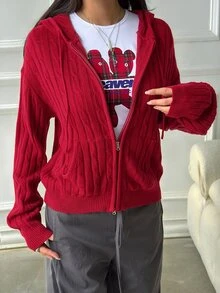 DAZY Women's Solid Color Fitted Zip-Up Long Sleeve Hooded Cable Knit Casual Vacation Spring Autumn Cardigan - Red - View 5