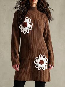 Zayélia Sweater Kerah Tegak Kasual Wanita dengan Dekorasi Bunga 3D, Musim Gugur/Dingin - Coklat - View 1