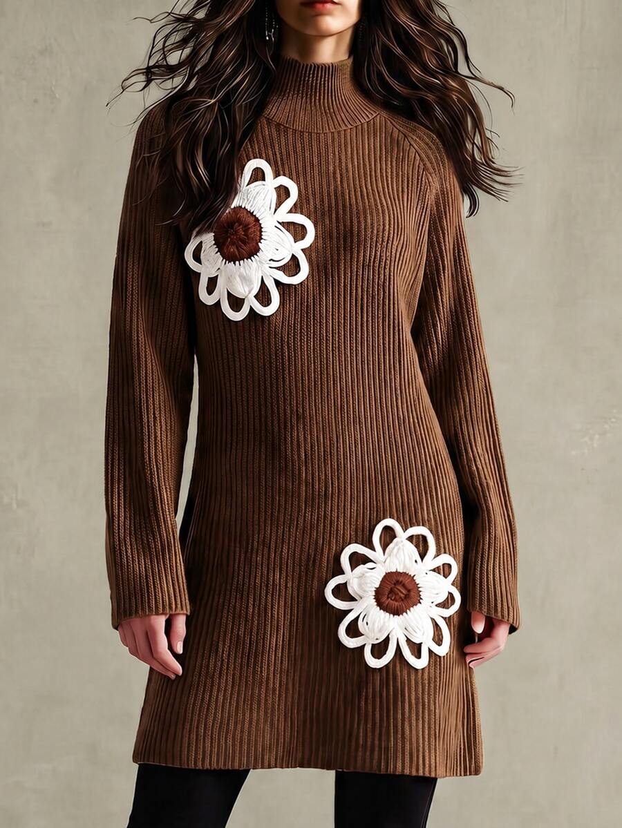 Zayélia Sweater Kerah Tegak Kasual Wanita dengan Dekorasi Bunga 3D, Musim Gugur/Dingin - Coklat - View 1