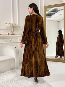 Al Najma Women's V-Neck Colorblock Casual Party Arabian Dress - Brown - View 2