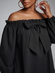 SHEIN Lunessa Off-Shoulder Front Bowknot Strap Fashion Top - Black - View 5