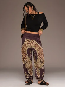 Freevana Plus Size Floral Leopard Print Fashion Pleated Cuffed Pants - Brown - View 6