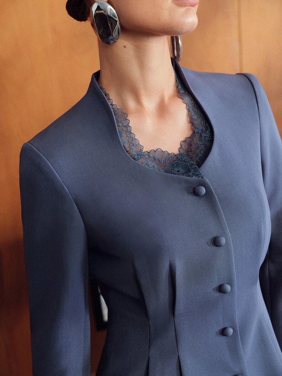 MOTF STUDIO CONTRAST LACE WAIST-CINCHING BLAZER AND SEAM FRONT PANTS SUIT SET - Blue - View 1