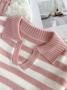 Elamini Minimalist Casual Women's Autumn/Winter Pink And White Light Pink Collared Long Sleeve Loose Knit Sweater And Pants 2 Pieces Set Lounge - Pink - View 3