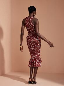 JIAN LASALA Knit Floral Print Sleeveless Halter Neck Ruched Ruffle Layers Midi Dress Elegant Vacation - Red - View 2