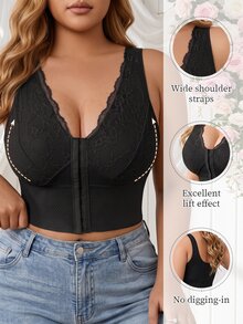 Coutiva Plus Size Women's Lace Trim Casual Everyday Top - Black - View 3