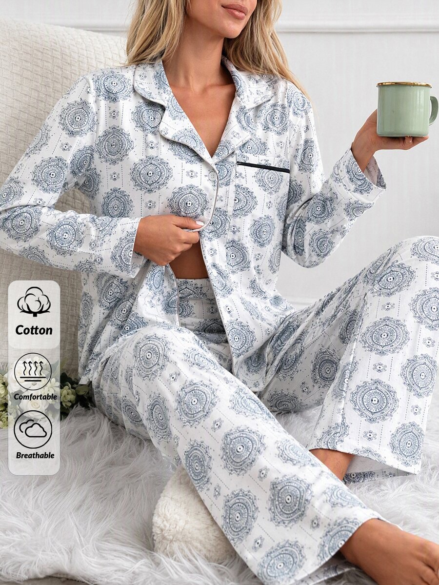 SHEIN Women's Paisley Print Pajama Set With Long Sleeve Button Front Shirt And Relaxed Fit Full Length Pants Pajama Set