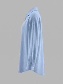 SHEIN 度假風白色椰子樹鏤空刺繡寬鬆沙灘襯衫洋裝 - 淺藍色 - 查看 5