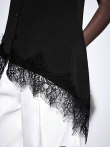 SHEIN PariChic Spring/Summer New Women's V-Neck Asymmetric Lace Trim Top - Black - View 5