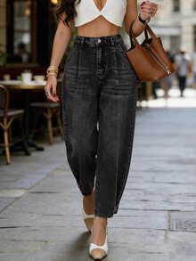 EMERY ROSE 女款休閒水洗錐腿牛仔褲 秋季靜奢風 高腰百褶錐腿牛仔褲 後腰鬆緊帶聖誕款 - 黑色 - 查看 7