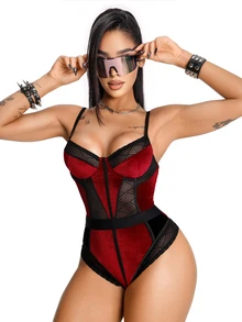 AltBold 1pc Velvet & Lace Patchwork Bodysuit - Multicolor - View 3