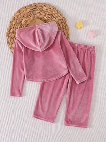 Cozy Pixies Baby Girl Baby Girl 2pcs Solid Pink Drawstring Hoodie Top And Wide Leg Pants Set, Casual For Spring/Autumn, Daily Wear - Pink - View 2